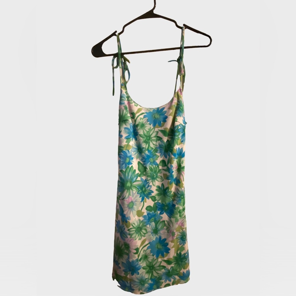 Vintage Tiska Blue Green Floral Mini Dress with Tie Straps Size Small